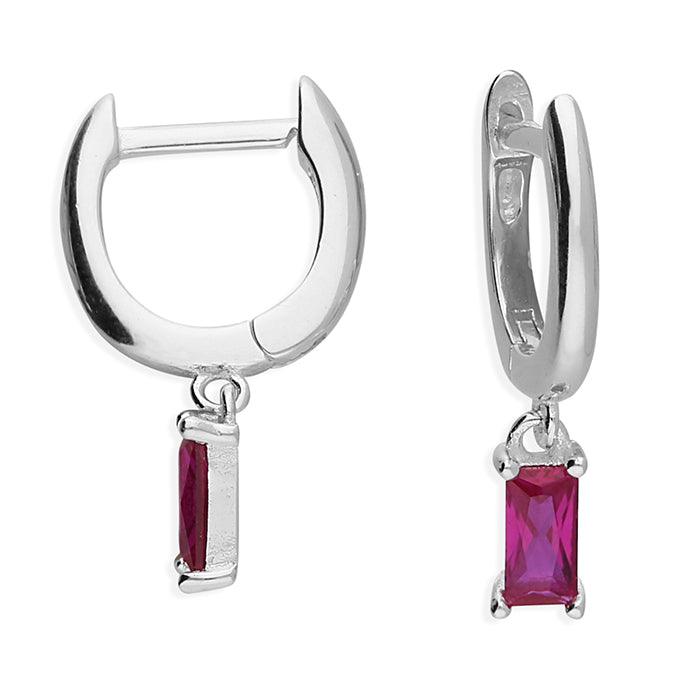 Ruby Cubic Zirconia Baguette Drop Huggie Hoops - T.M. Barber